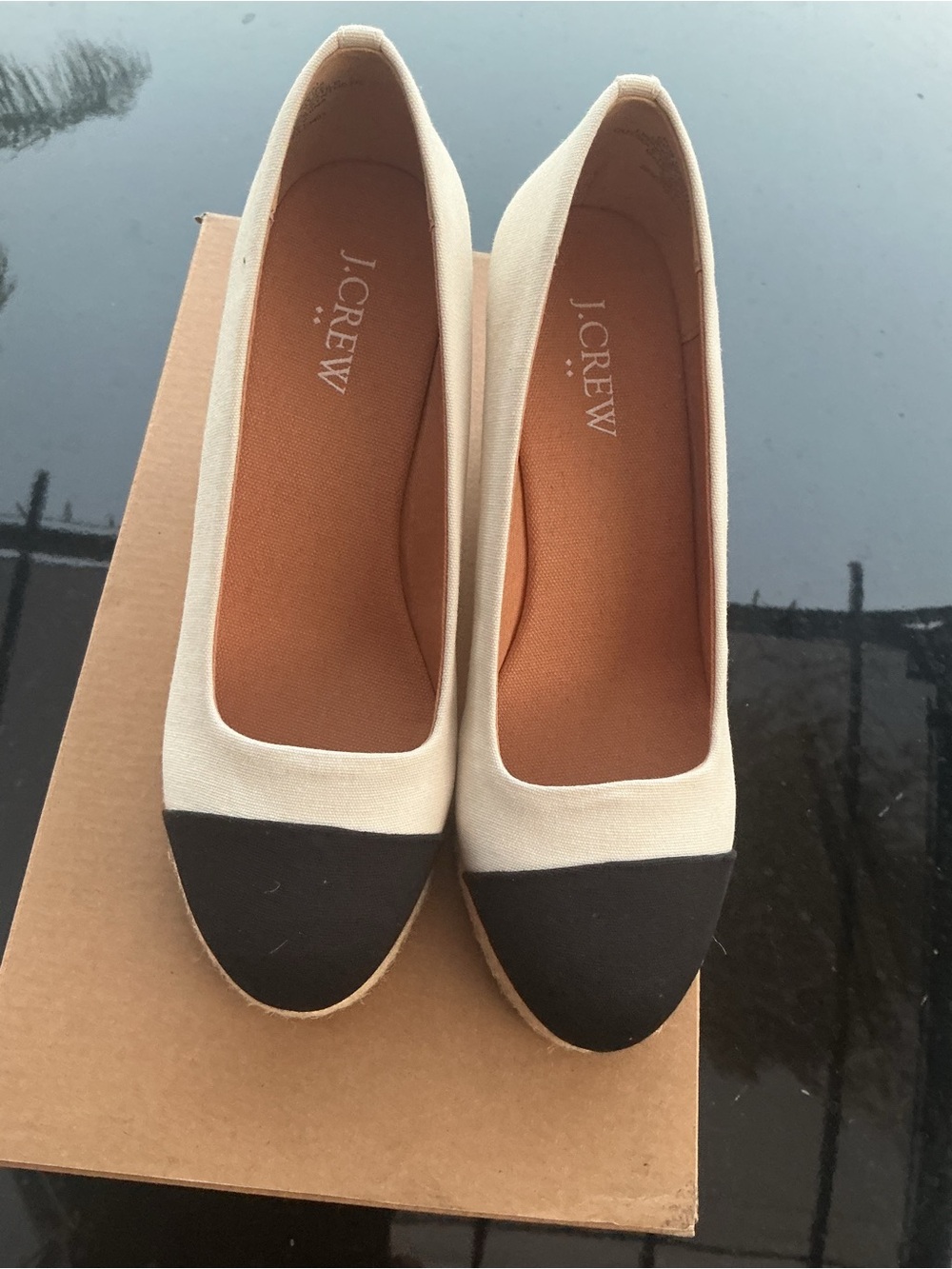 J. Crew Cream Canvas Flats with Black Cap Toe
